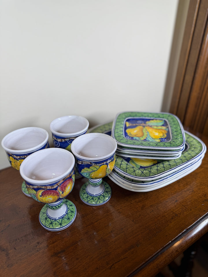 Handpainted Portuguese Service for 4 (Chalice Cups, appetizer plates, dinner plates)