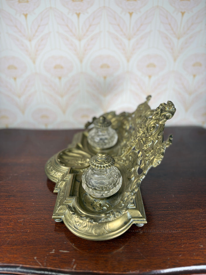 Ornate Gilt Brass Double Inkwell Desk Stand