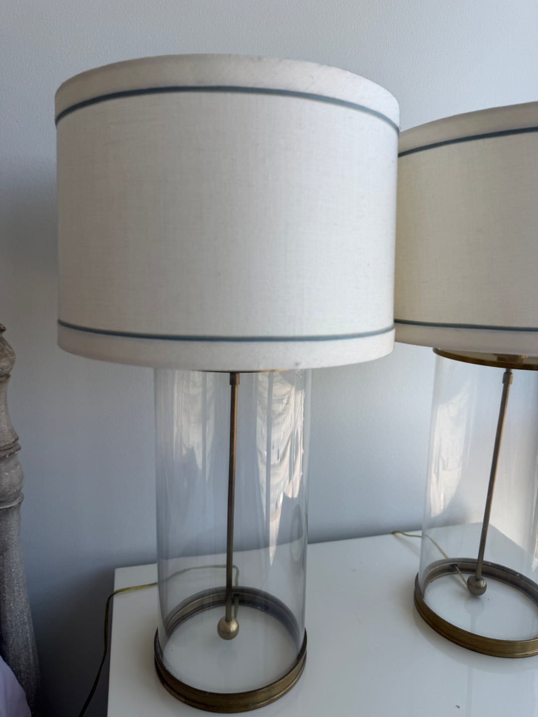 Pair of Glass Cylinder & Brass Table Lamps with Drum Shades
