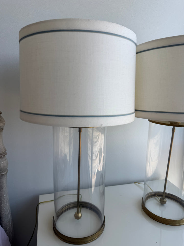 Pair of Glass Cylinder & Brass Table Lamps with Drum Shades