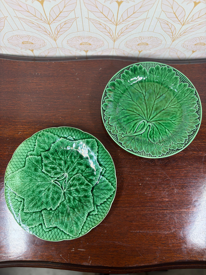 Pair of Green Majolica Leaf Pattern Plates