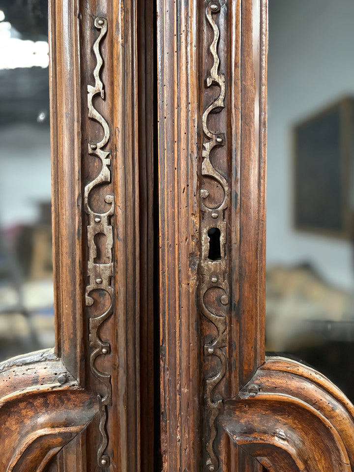 Large Carved Walnut Display Cabinet with Glass Doors