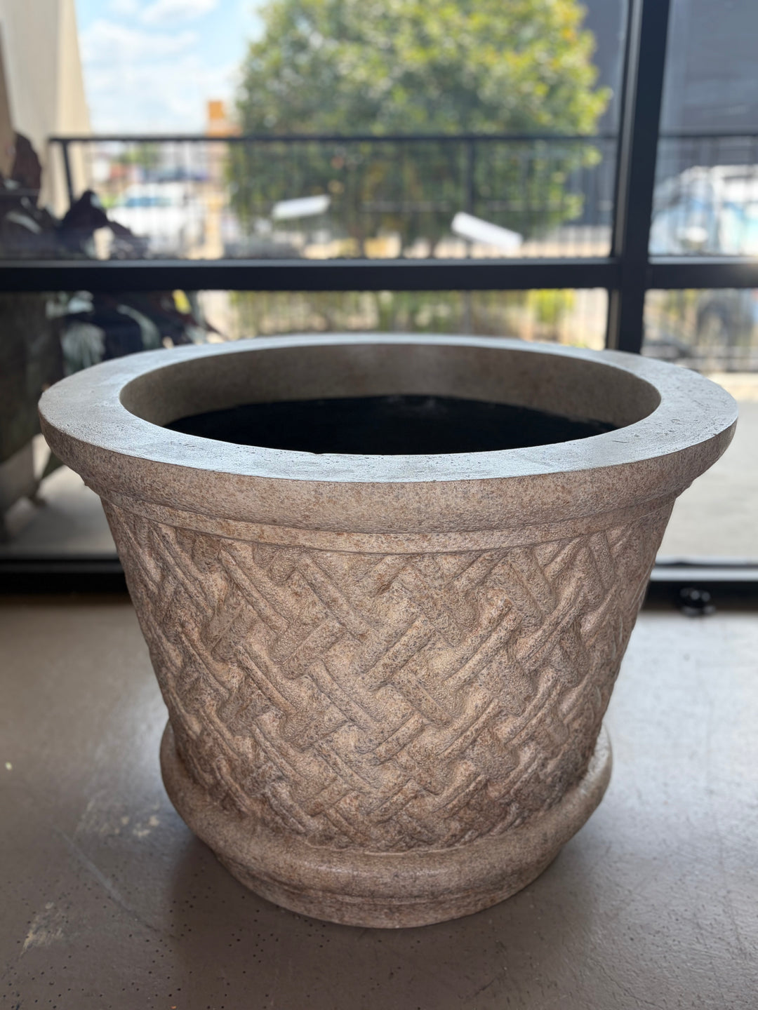 Large Stone-Finish Planter with Basketweave Relief