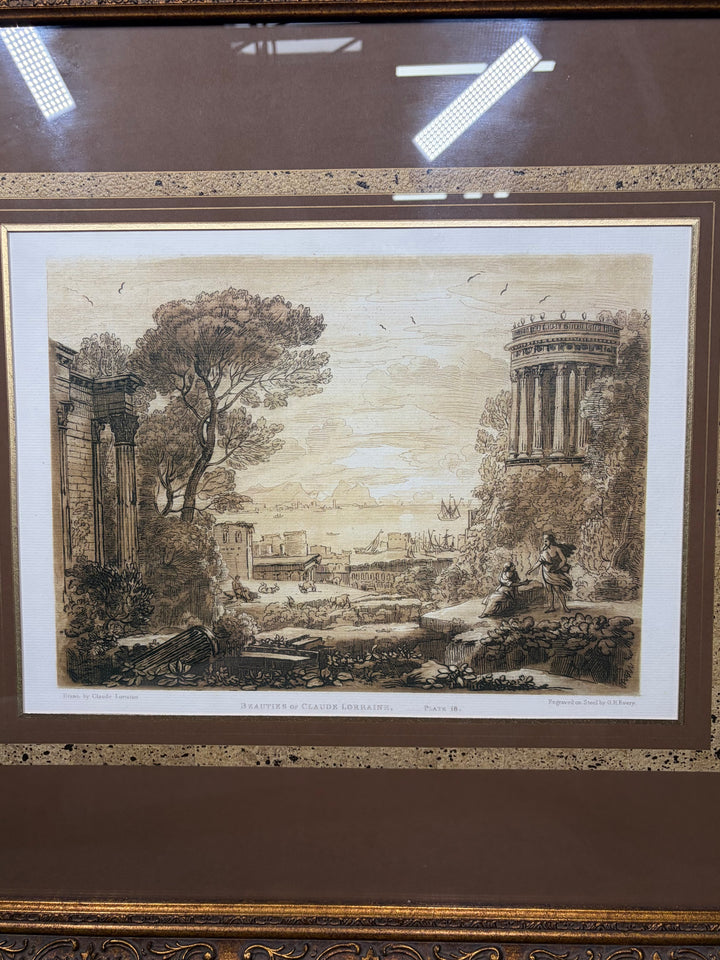 Framed Engraving After Claude Lorraine – Classical Landscape with Ruins