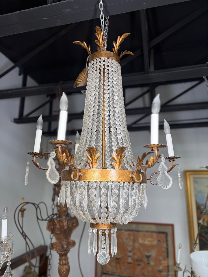Empire-Style Gilt Metal and Crystal Basket Chandelier
