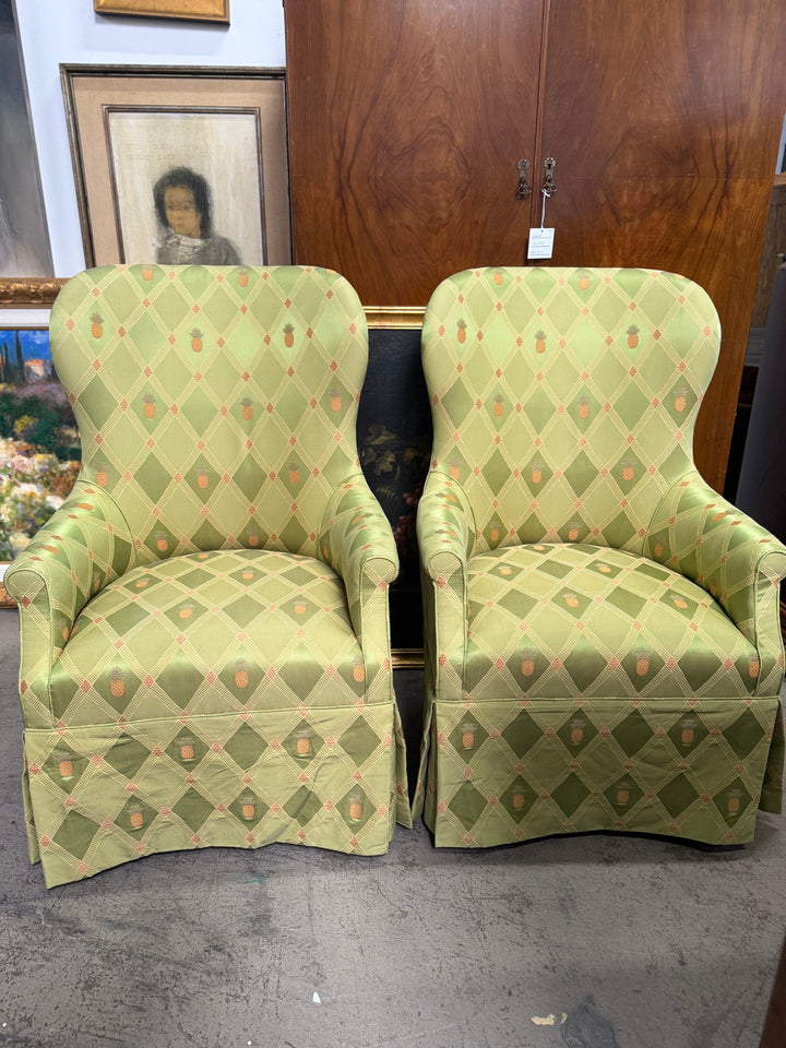 Pair of Green Upholstered Arm Chairs with Pineapple/Green Fabric