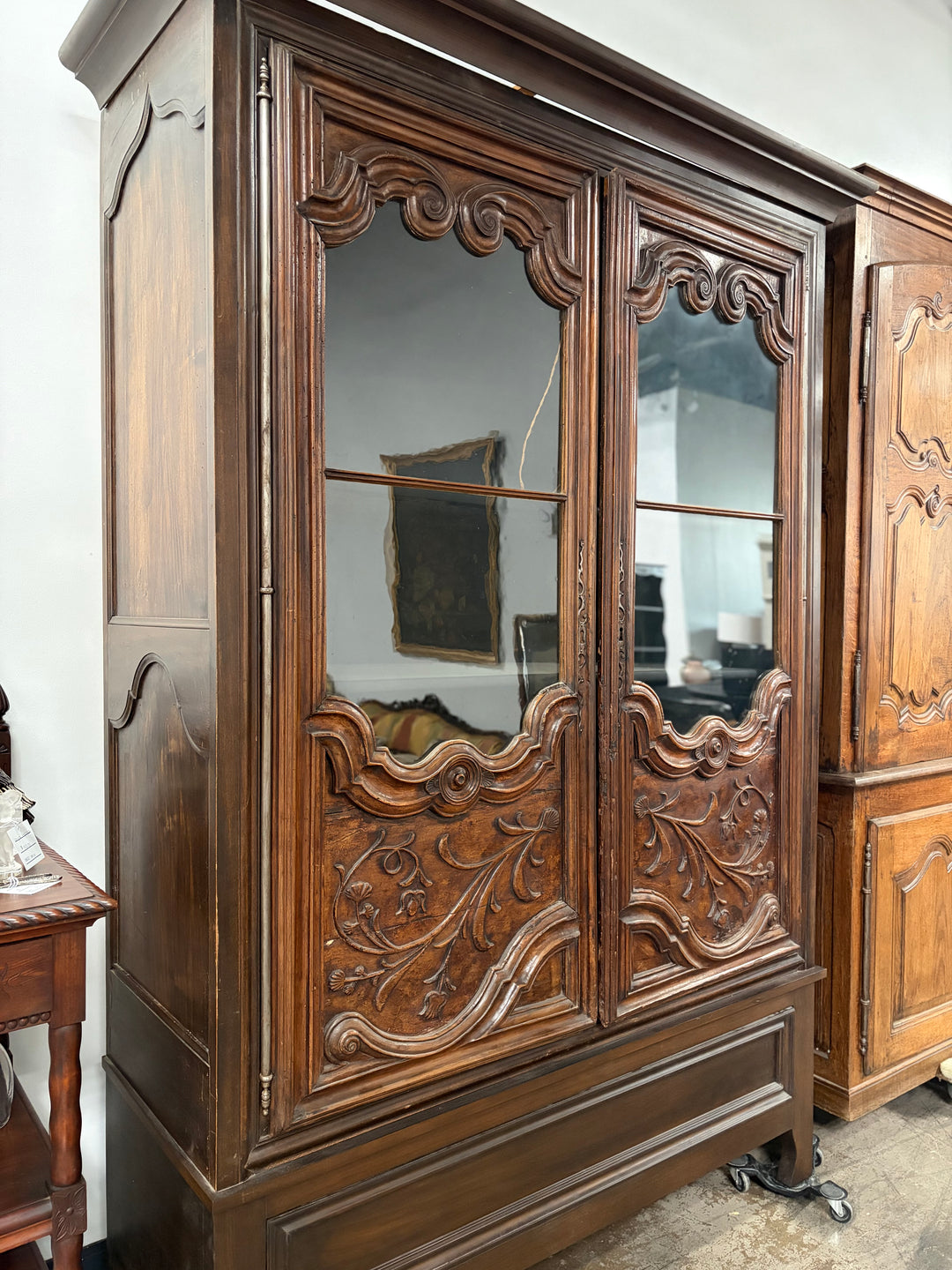 Large Carved Walnut Display Cabinet with Glass Doors