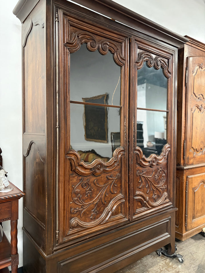 Large Carved Walnut Display Cabinet with Glass Doors