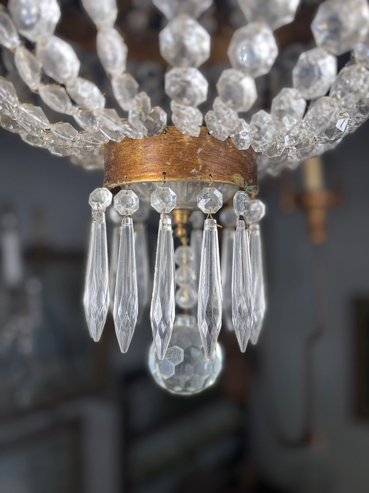 Empire-Style Gilt Metal and Crystal Basket Chandelier