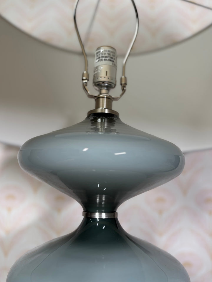 Three-Tier Gray Ceramic Table Lamp with White Drum Shade