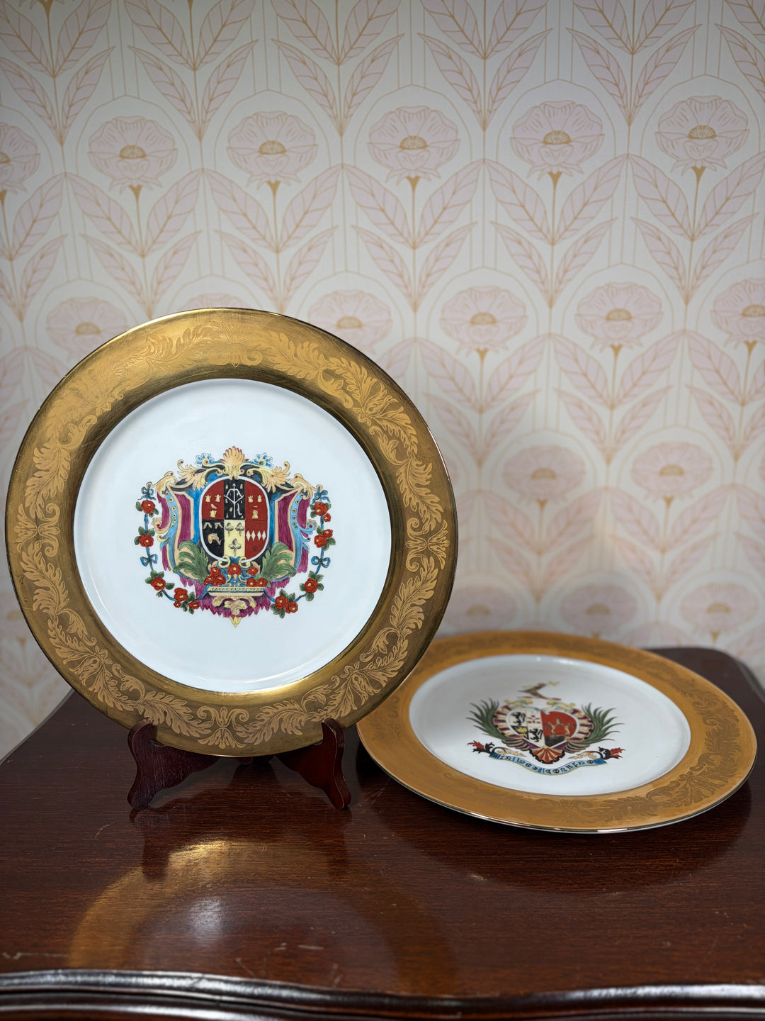 Pair of Decorative Armorial Porcelain Plates with Heavy Gold Borders