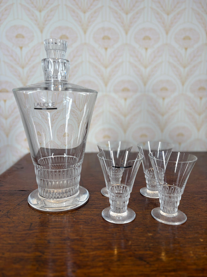 Lalique "Bourgueil" pattern crystal decanter and stopper and 4 Shot Glasses