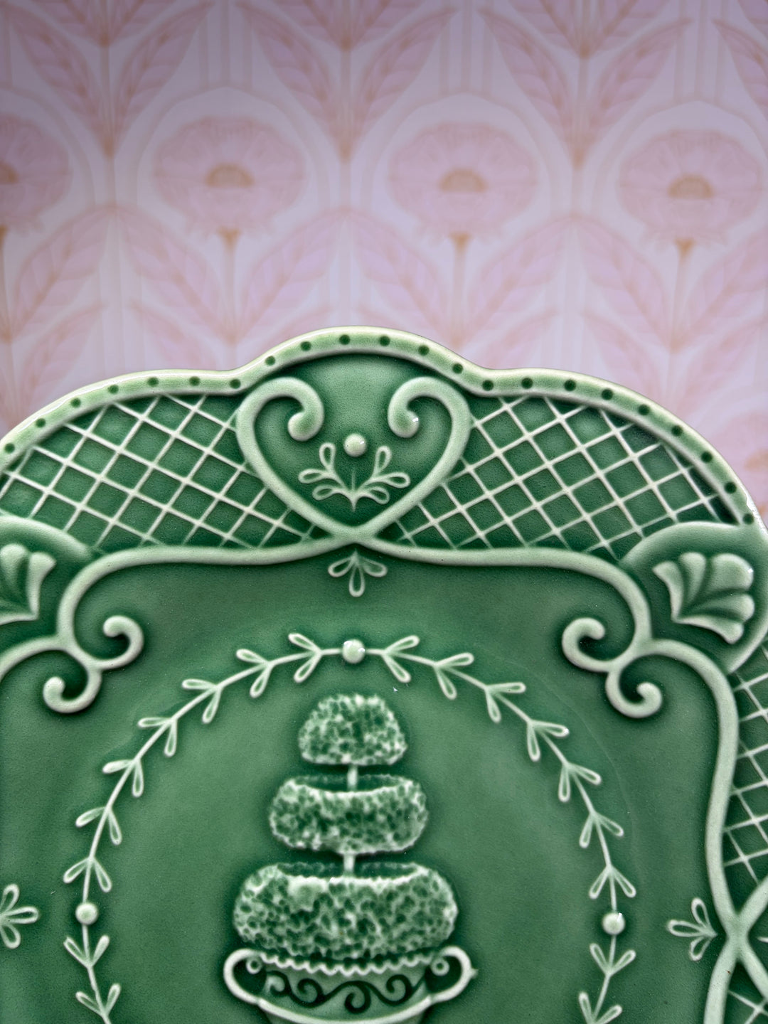 Green Hedgewood Glazed Ceramic Plate with Topiary Motif