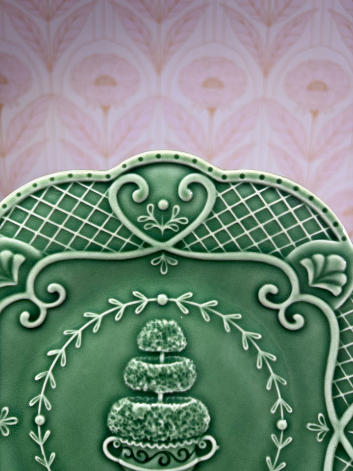 Green Hedgewood Glazed Ceramic Plate with Topiary Motif