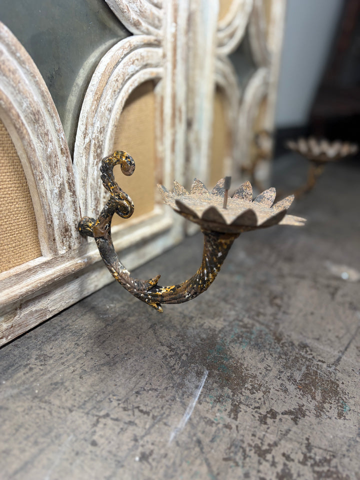Pair of Distressed Wood Wall Candle Sconces with Burlap Panels