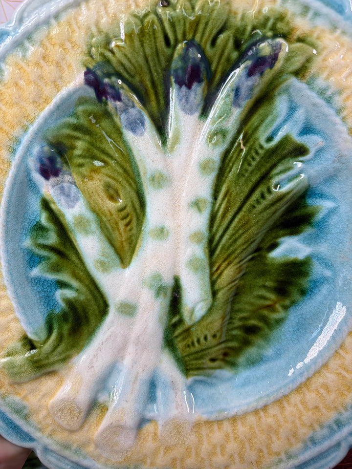 Set of Four Majolica Asparagus Plates with Sauce Well