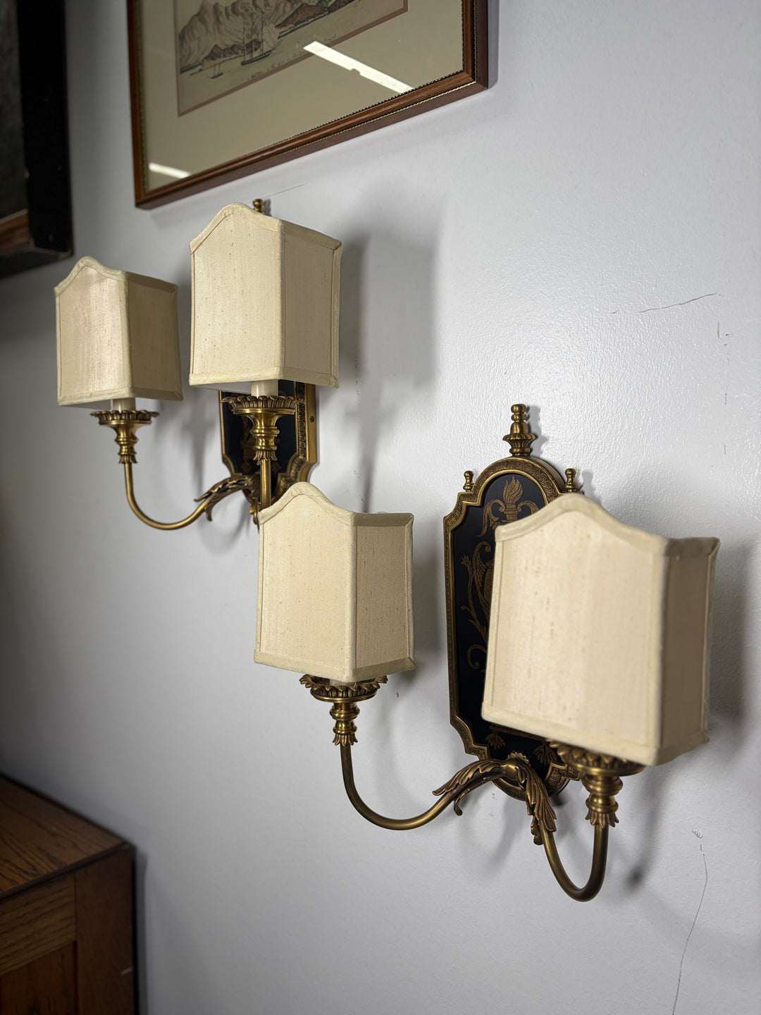 Pair of Antiqued Brass Two-Light Wall Sconces in Original Box