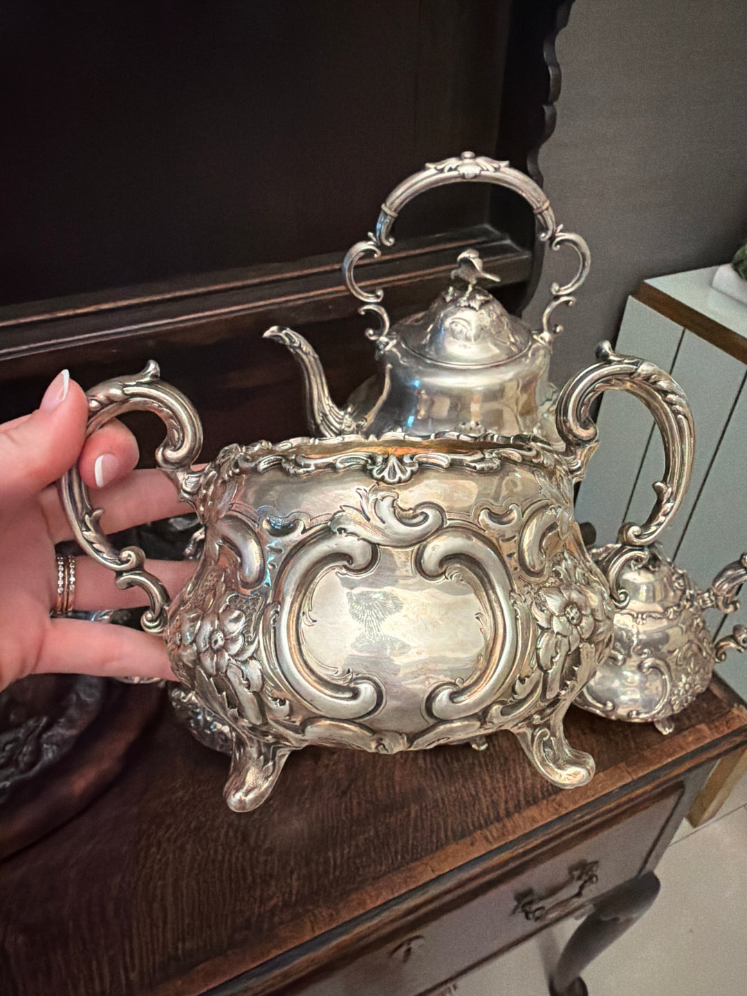 English Victorian Sterling Silver Tea & Coffee Service, Louis XV Pattern