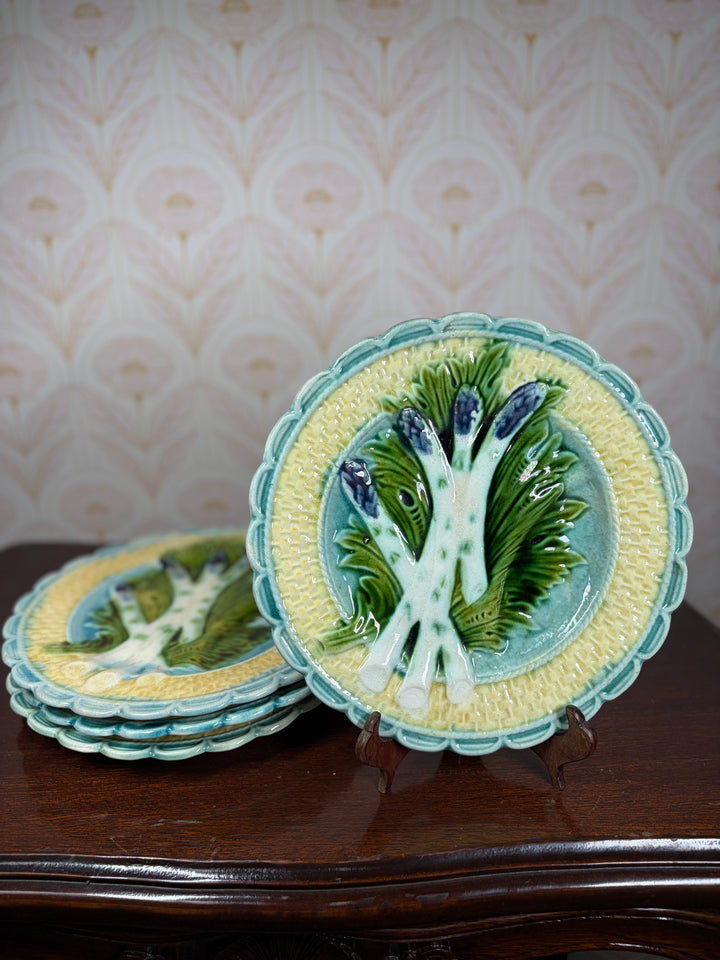 Set of Four Majolica Asparagus Plates with Sauce Well
