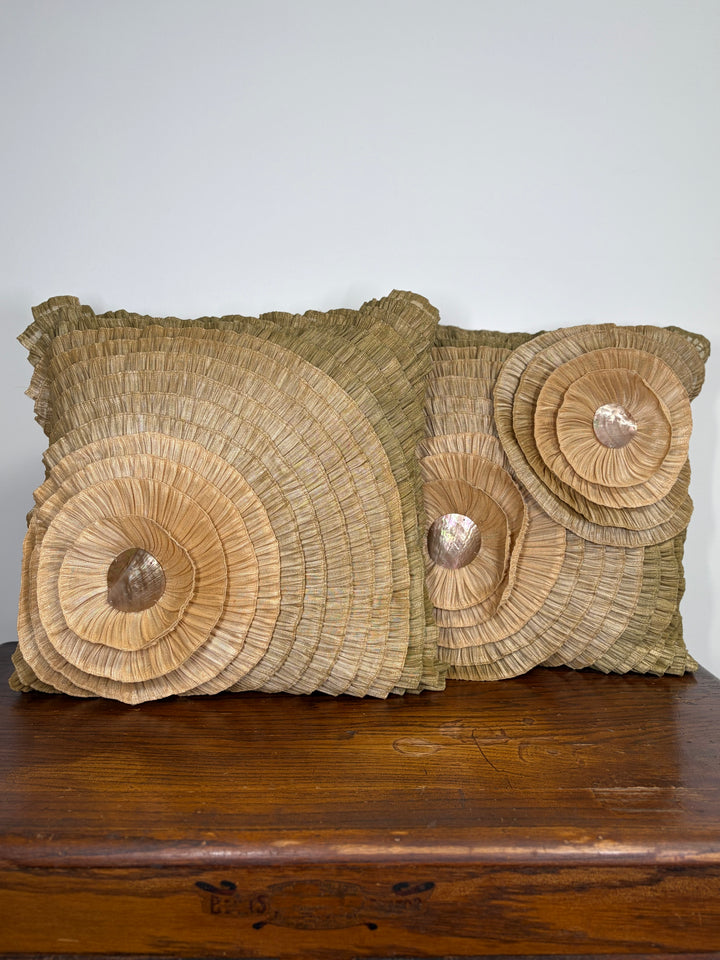Pair of Decorative Throw Pillow with Pleated Fabric Rosettes