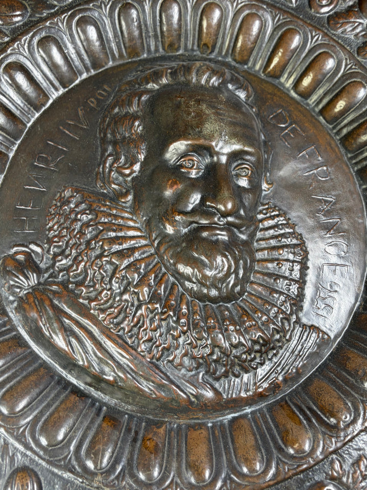 Pair of Large Bronze Relief Chargers with Portrait Bust and Heraldic Decoration