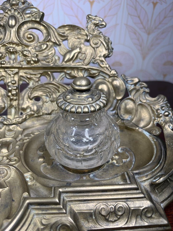 Ornate Gilt Brass Double Inkwell Desk Stand