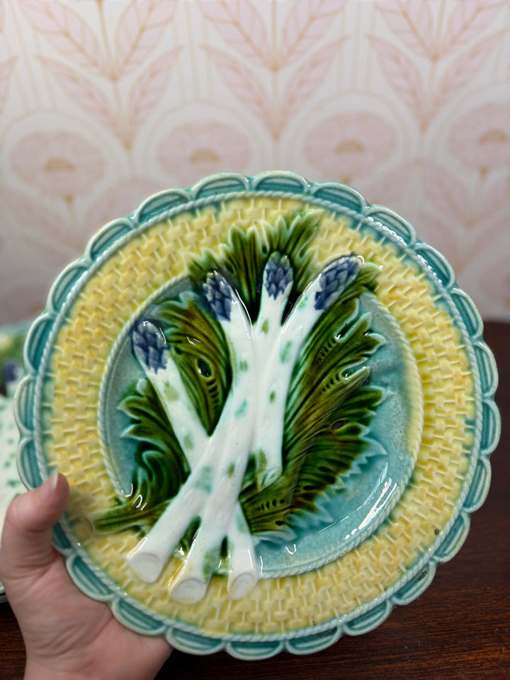 Set of Four Majolica Asparagus Plates with Sauce Well