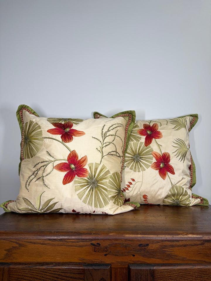 Pair of Embroidered Floral Decorative Throw Pillows