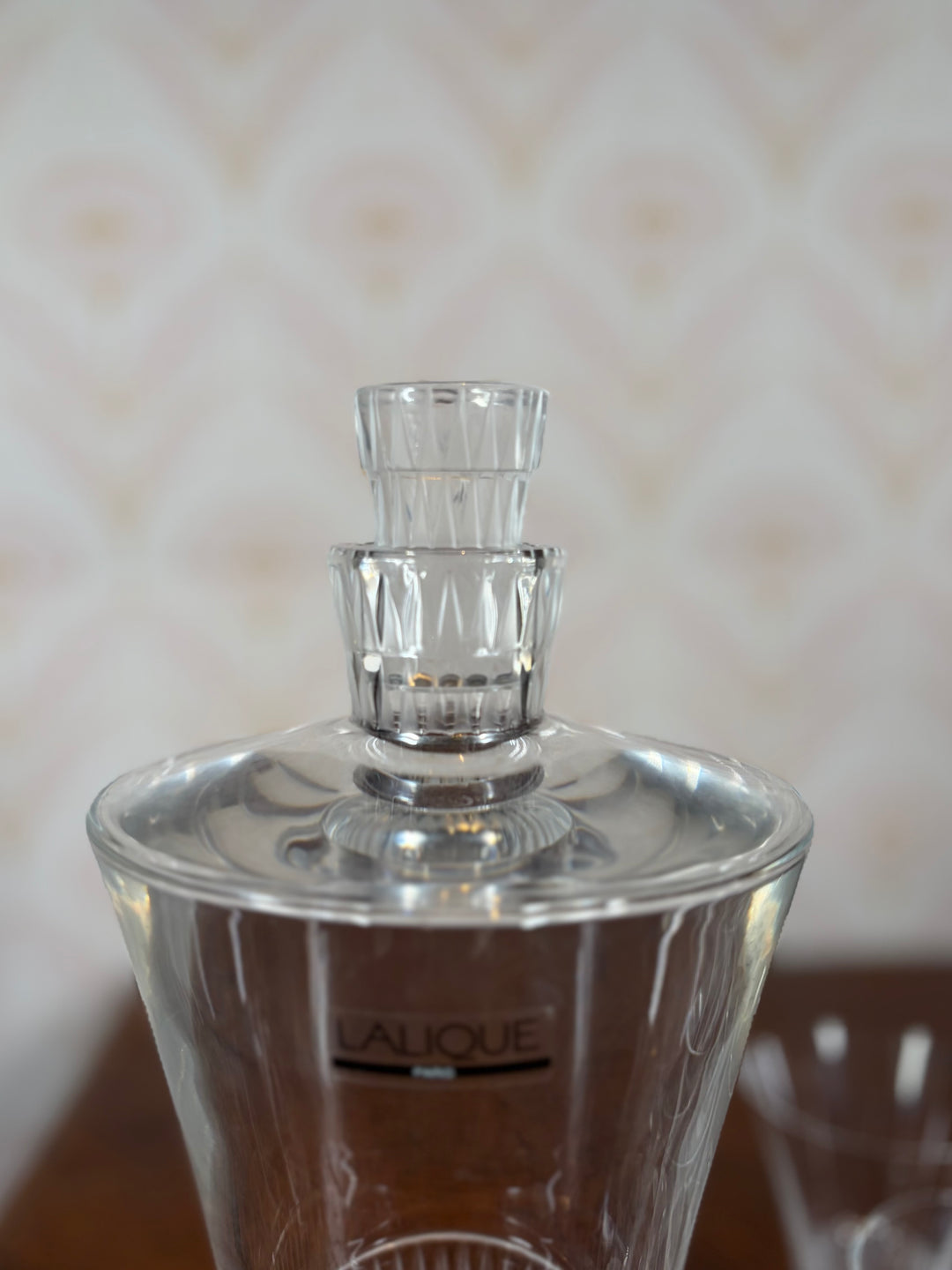 Lalique "Bourgueil" pattern crystal decanter and stopper and 4 Shot Glasses