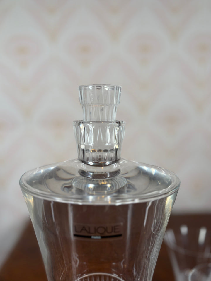 Lalique "Bourgueil" pattern crystal decanter and stopper and 4 Shot Glasses