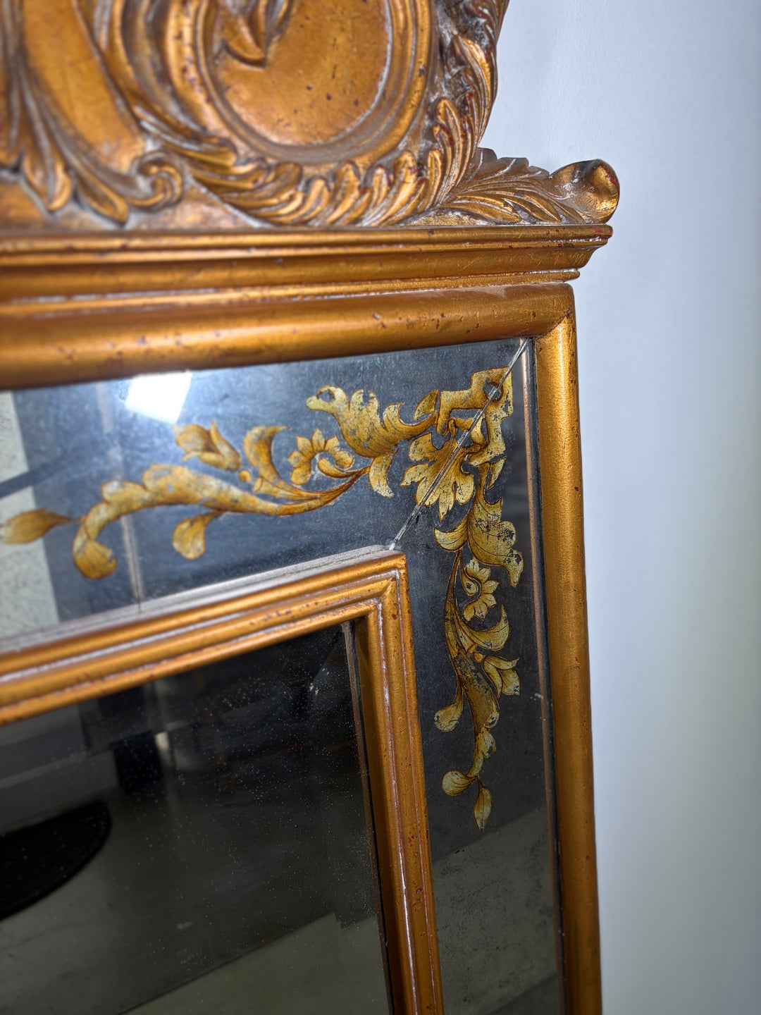 Large Gilt-Framed Wall Mirror with Carved Pediment