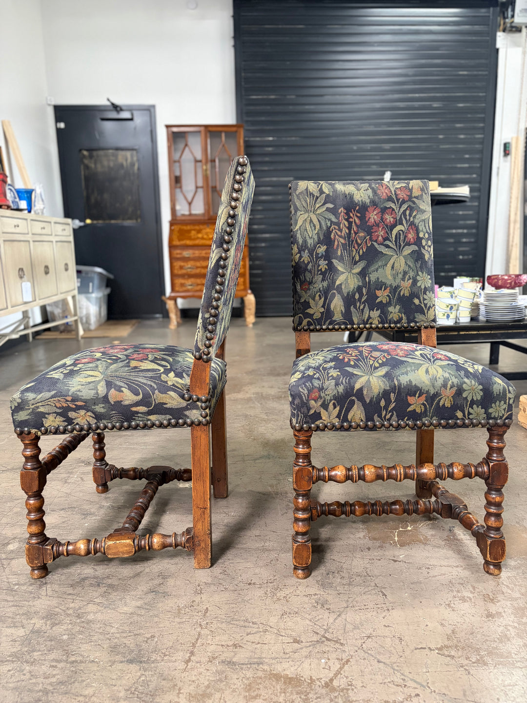 Pair of Barley Twist Dining Chairs with Tapestry Upholstery