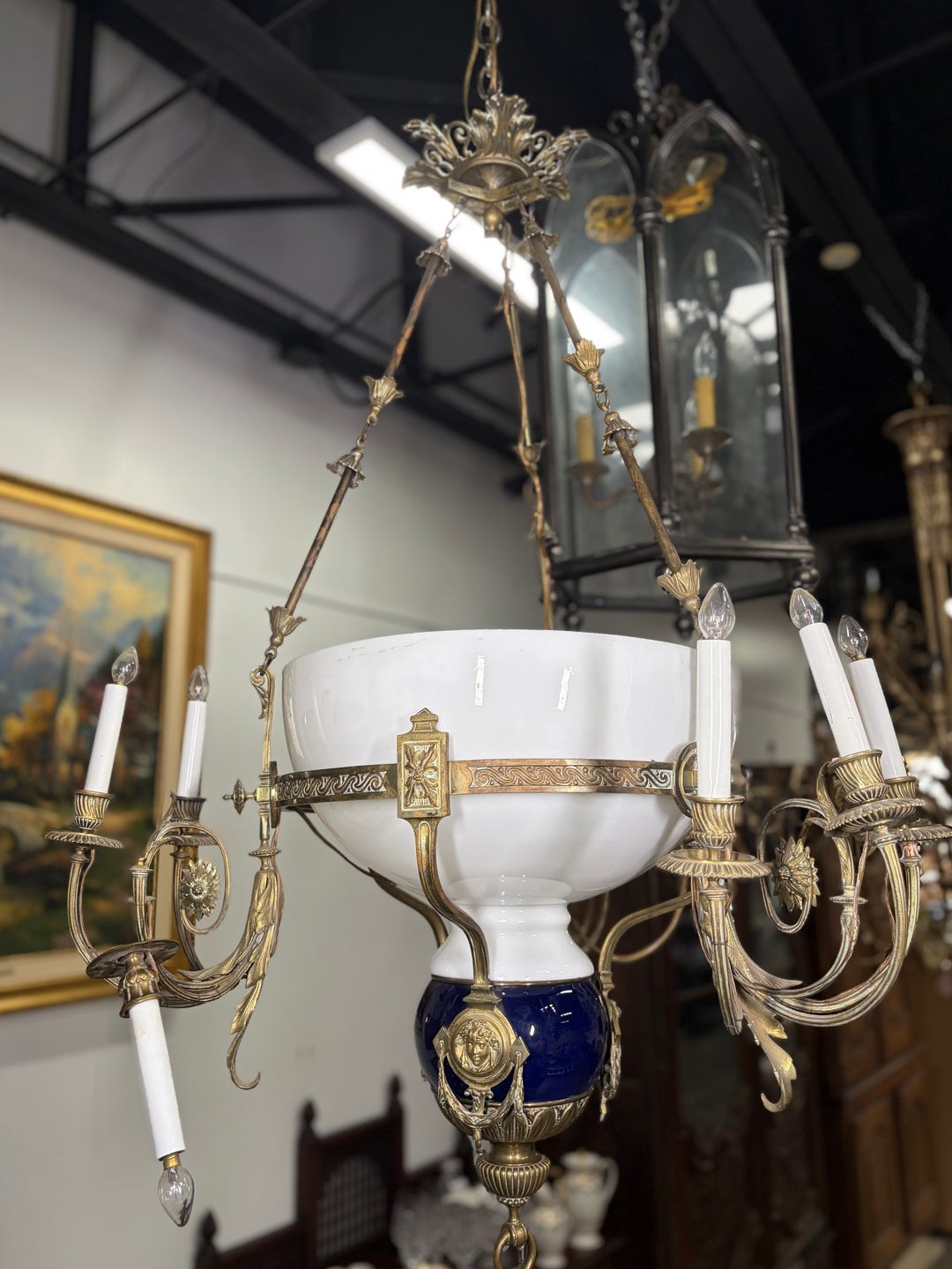 Neoclassical Brass and Cobalt Porcelain Chandelier with Opaline Glass Bowl