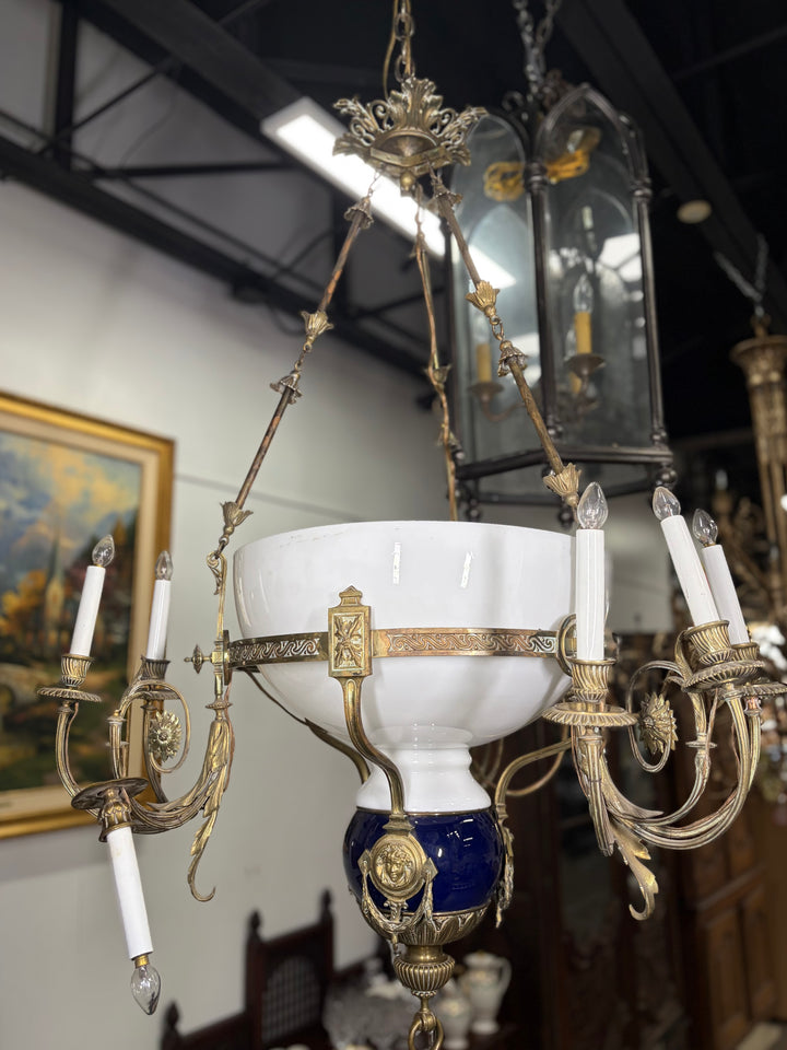 Neoclassical Brass and Cobalt Porcelain Chandelier with Opaline Glass Bowl