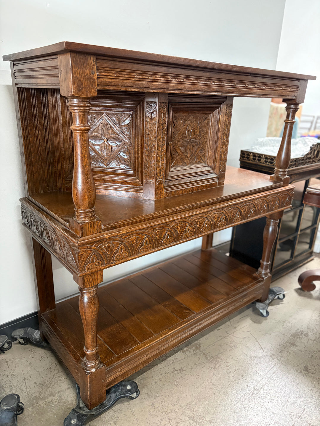 Taylor & Co England Carved Oak Gothic-Style Sideboard/Buffet