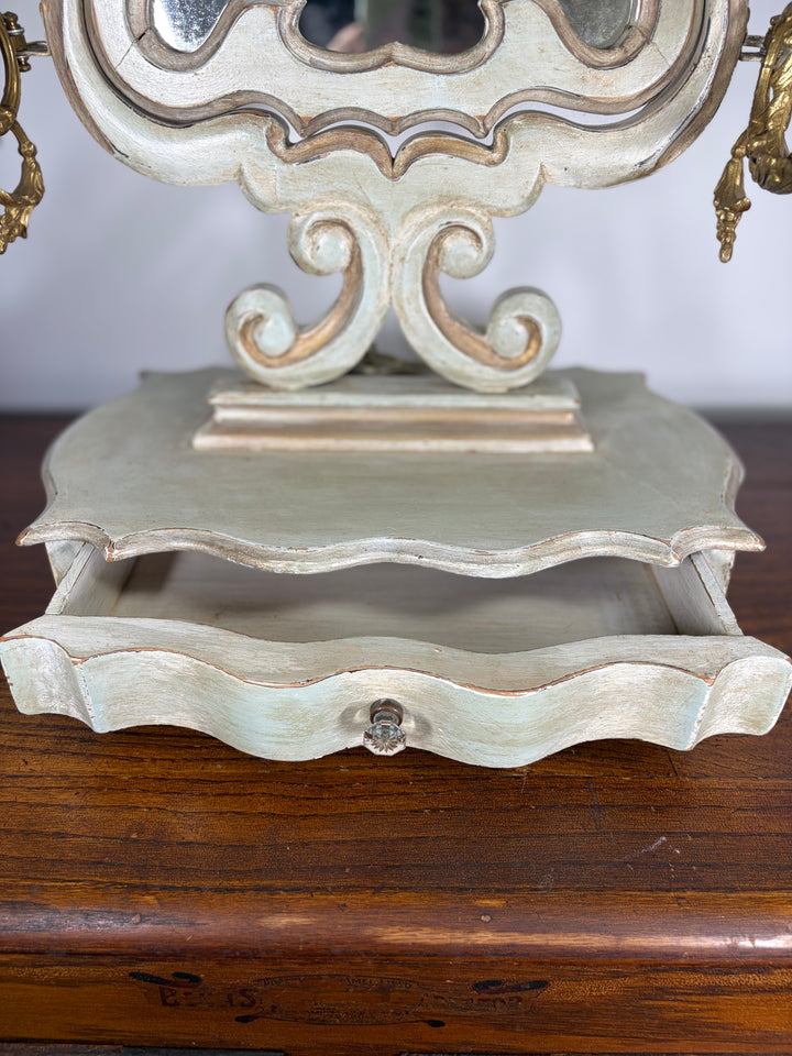 Baroque-Style Vanity Mirror with Candelabra Arms and Jewelry Box Base