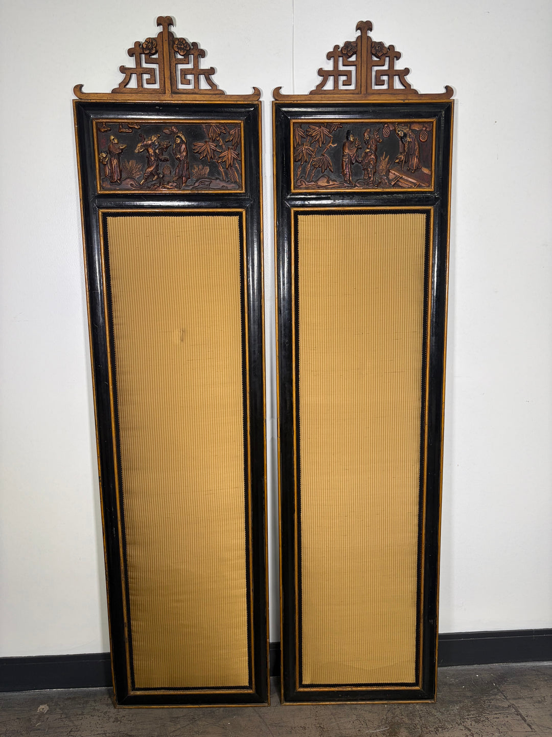 Pair of Chinese Chinoiserie Carved Wood Wall Panels