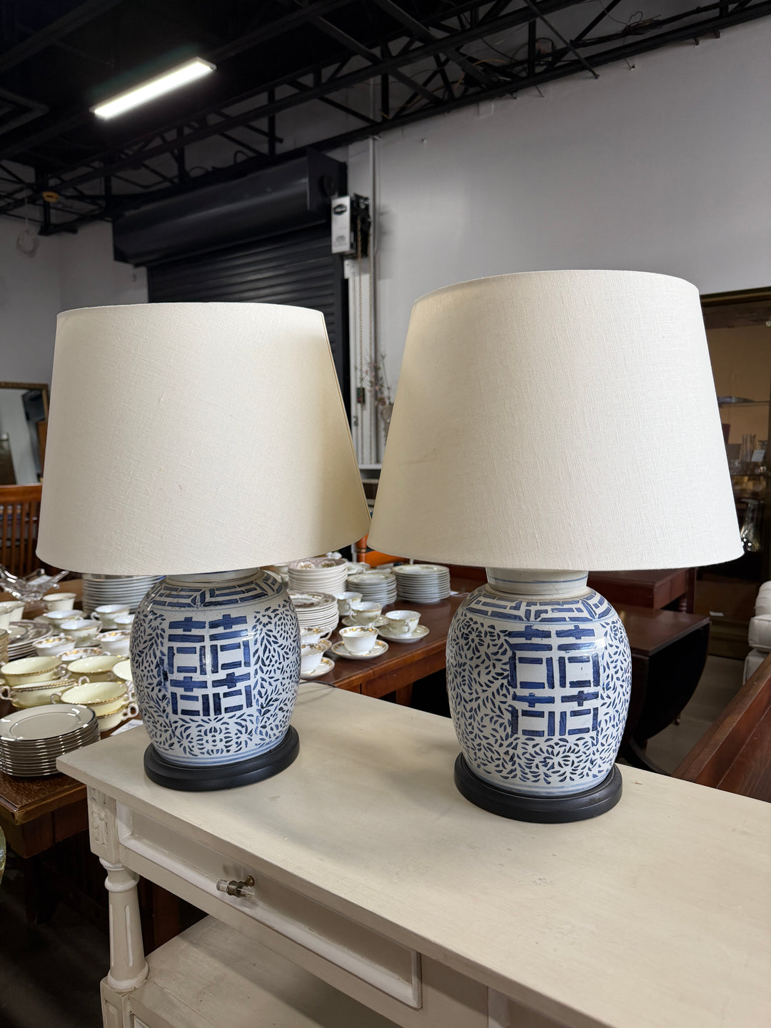 Set of 2 Blue and White Double Happiness Lamps