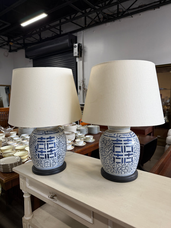 Set of 2 Blue and White Double Happiness Lamps
