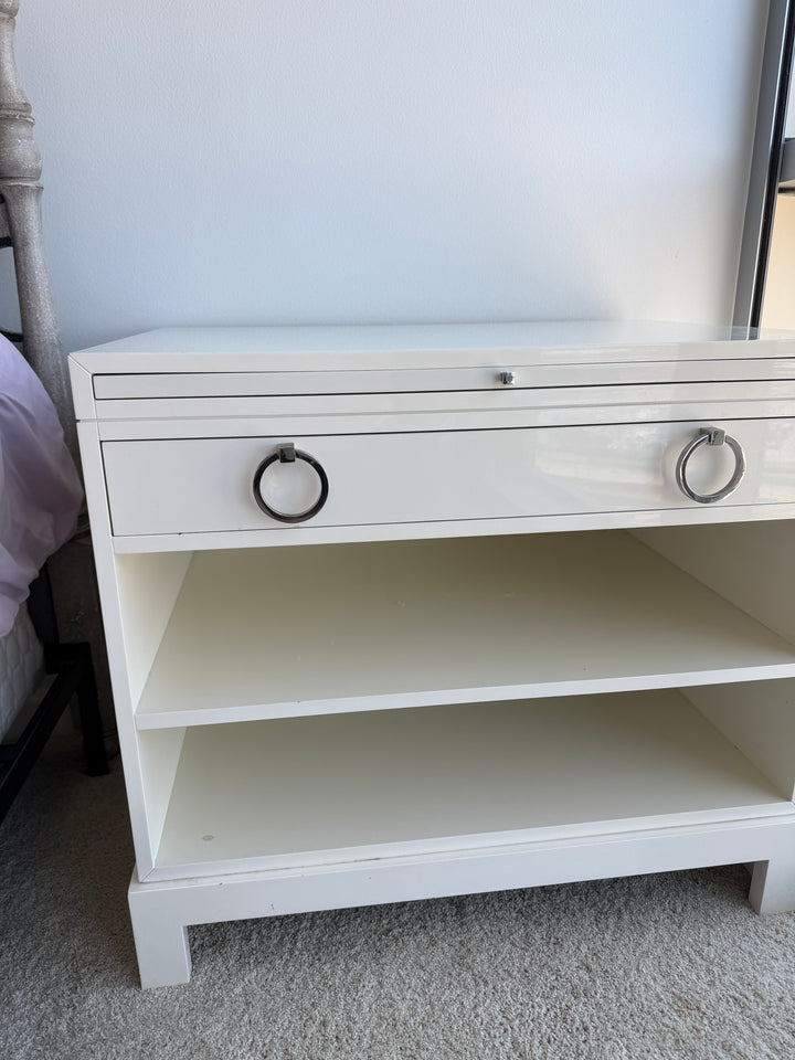 White Lacquered Nightstand with Ring Pulls and Open Shelves