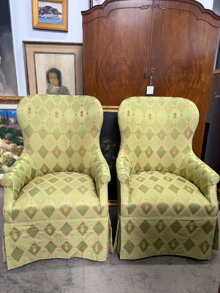 Pair of Green Upholstered Arm Chairs with Pineapple/Green Fabric