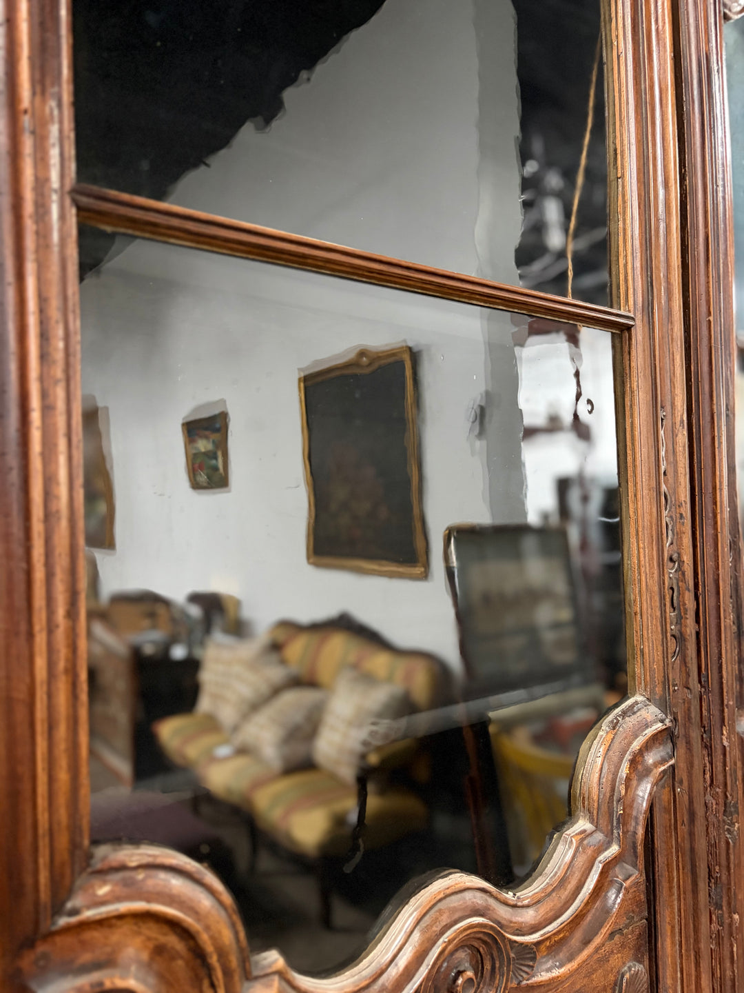 Large Carved Walnut Display Cabinet with Glass Doors