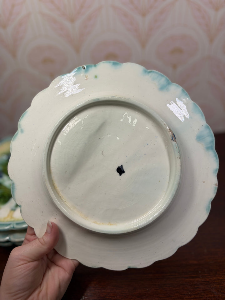 Set of Four Majolica Asparagus Plates with Sauce Well