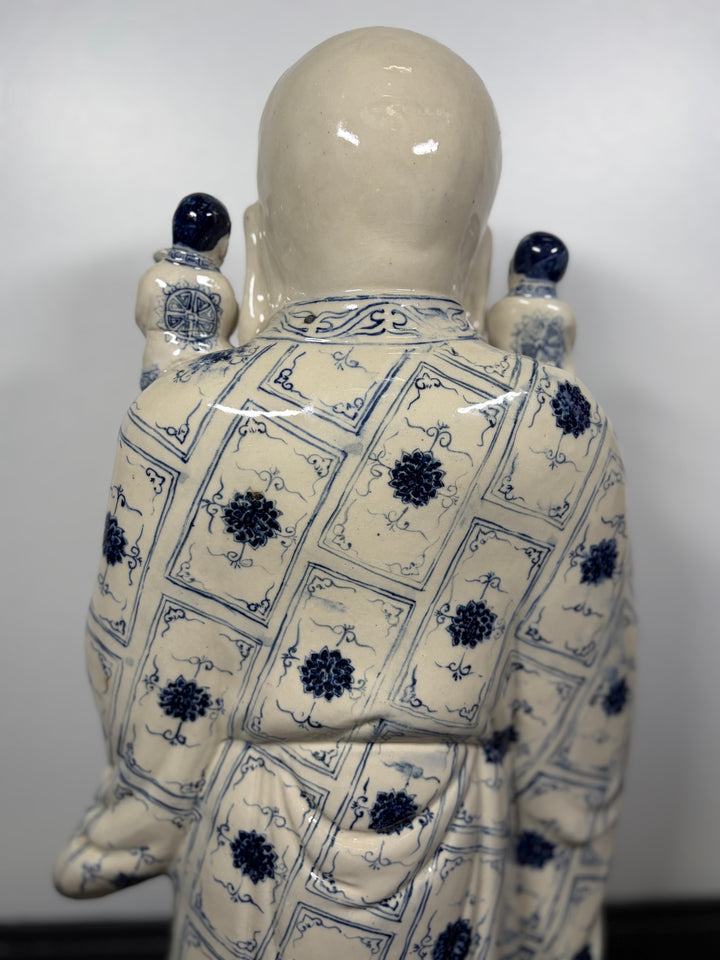Large Blue & White Porcelain Laughing Buddha Figure with Children