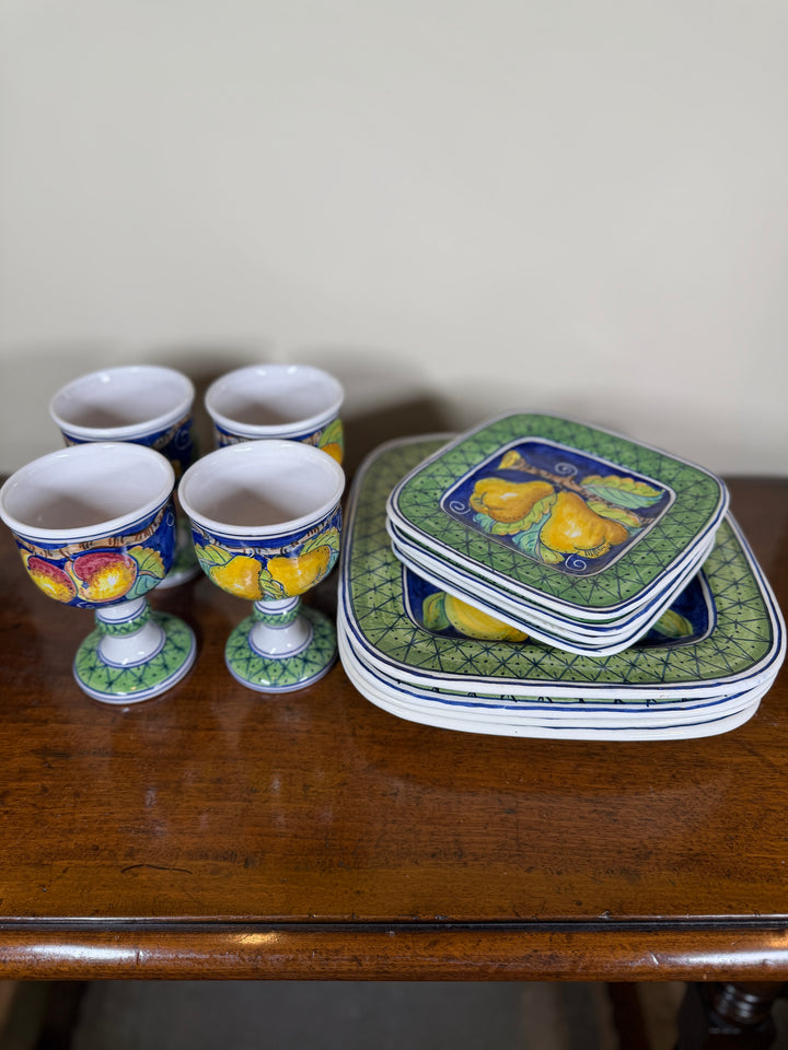 Handpainted Portuguese Service for 4 (Chalice Cups, appetizer plates, dinner plates)