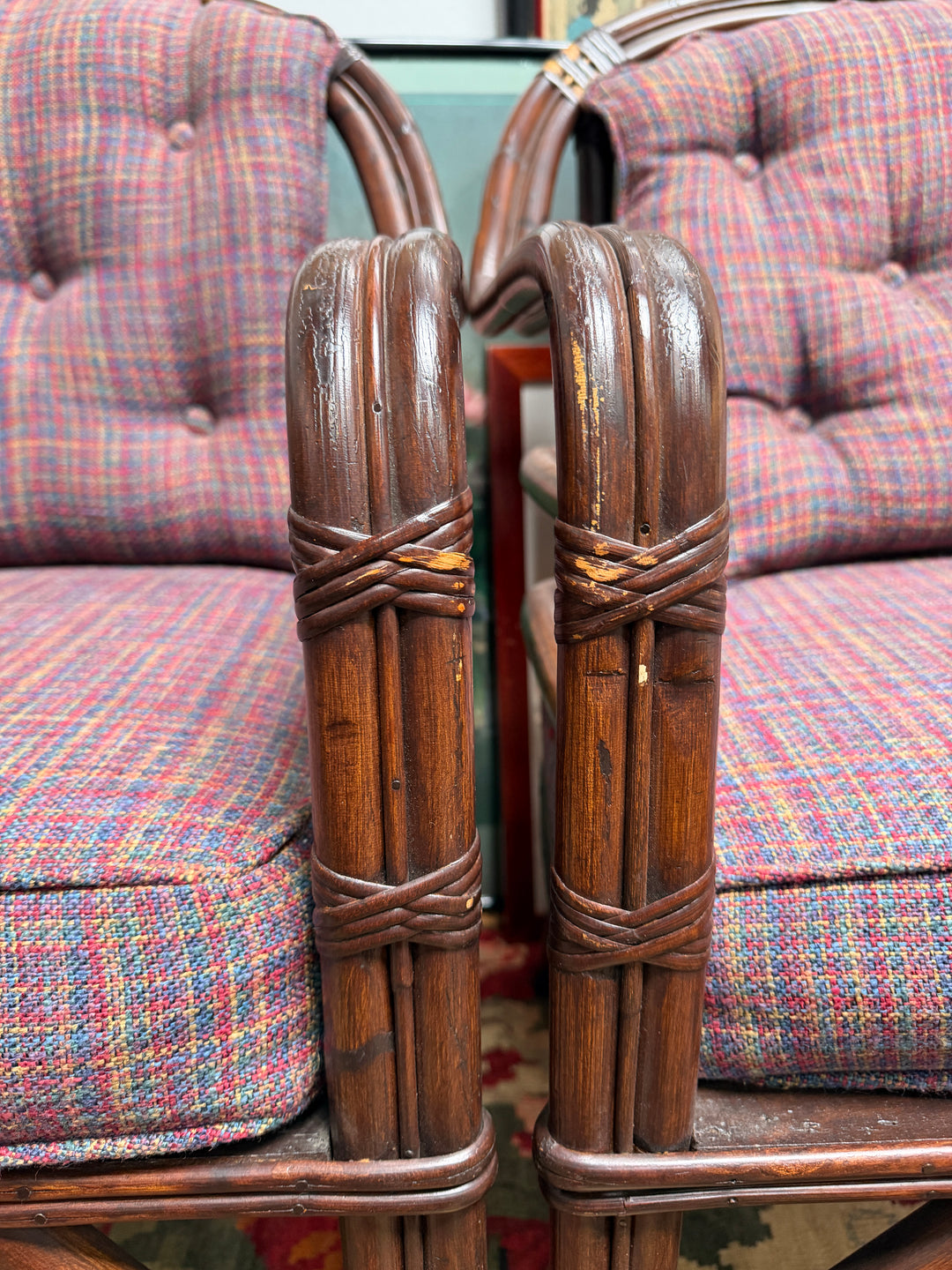 Set of 2 Vintage Bamboo and Rattan Chairs with Ottoman
