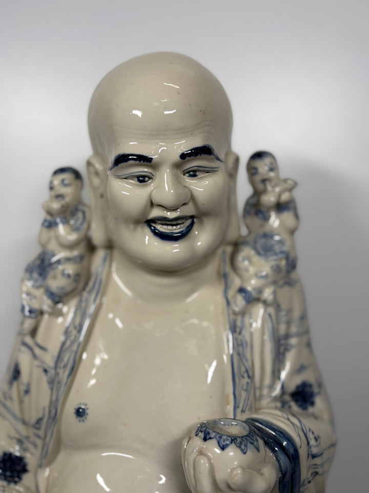 Large Blue & White Porcelain Laughing Buddha Figure with Children