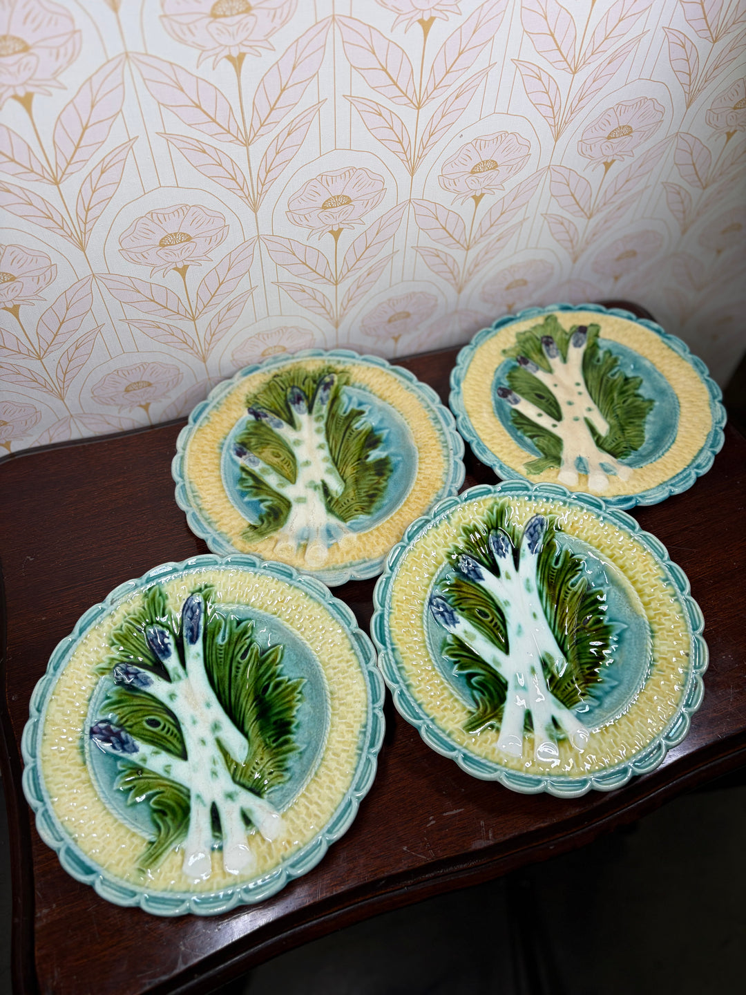 Set of Four Majolica Asparagus Plates with Sauce Well