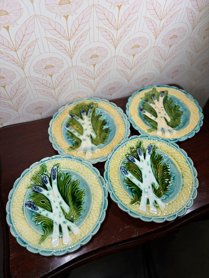 Set of Four Majolica Asparagus Plates with Sauce Well