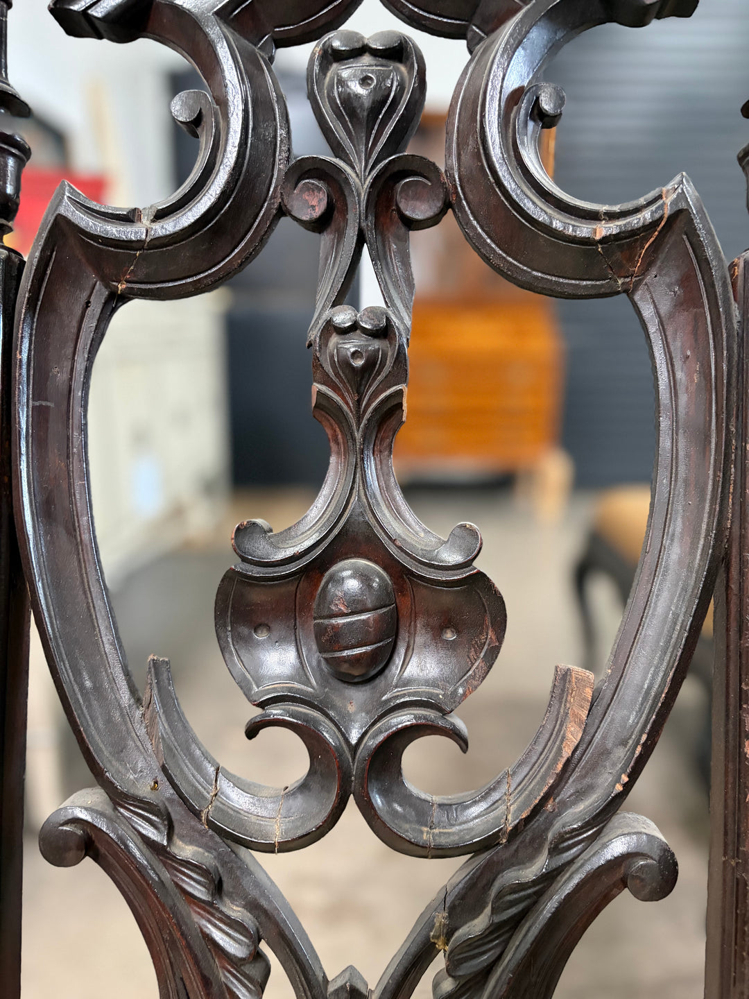 Ebonized Baroque-Style Carved Side Chair with Cream Damask Seat
